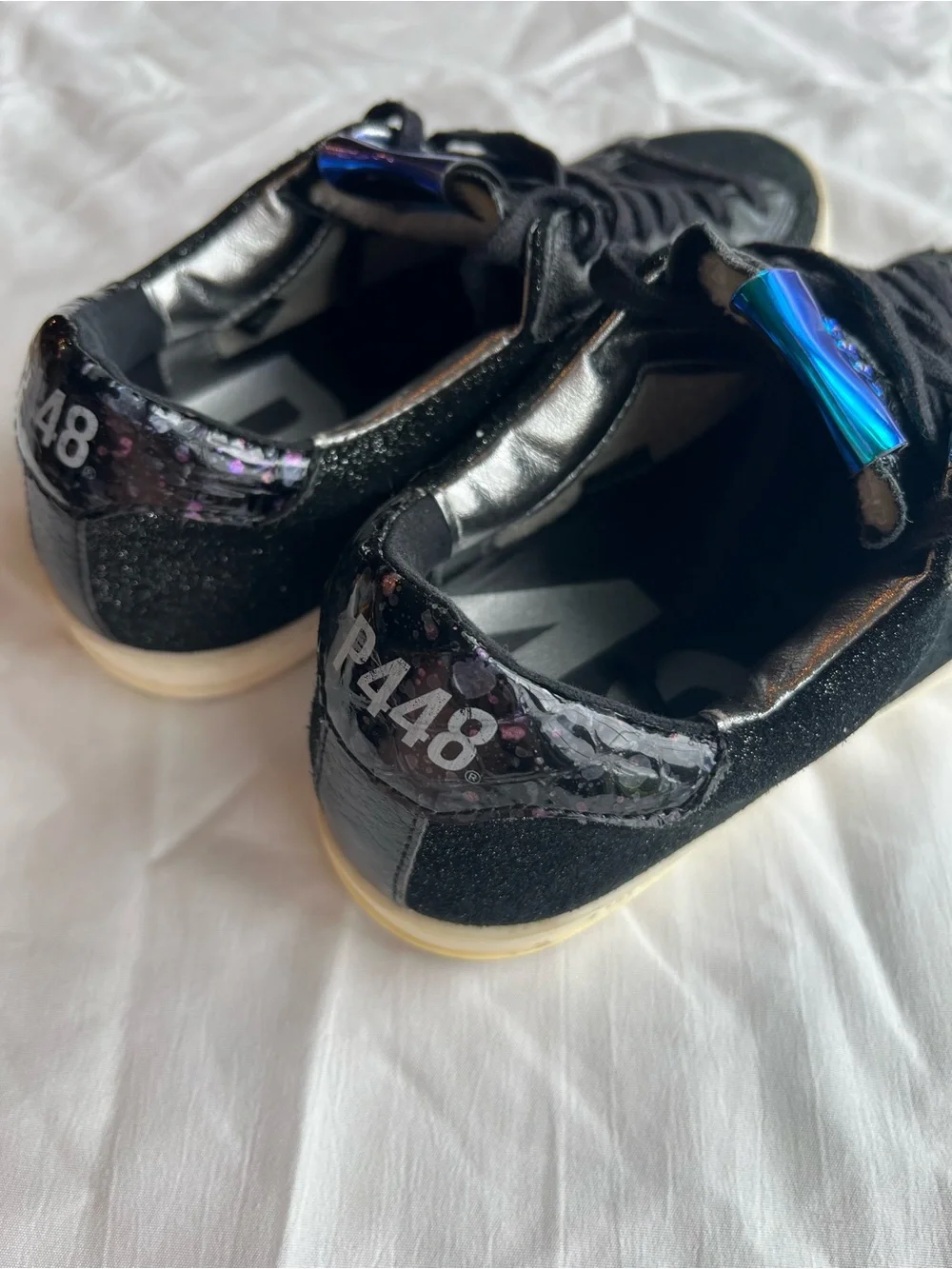 P448 Black Glitter Sneakers with Blue Iridescent Tongue size EU 36 or US 6